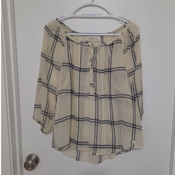 Abercrombie & Fitch Tops - Abercrombie & Fitch Cream Navy Plaid Sheer Blouse Top Large